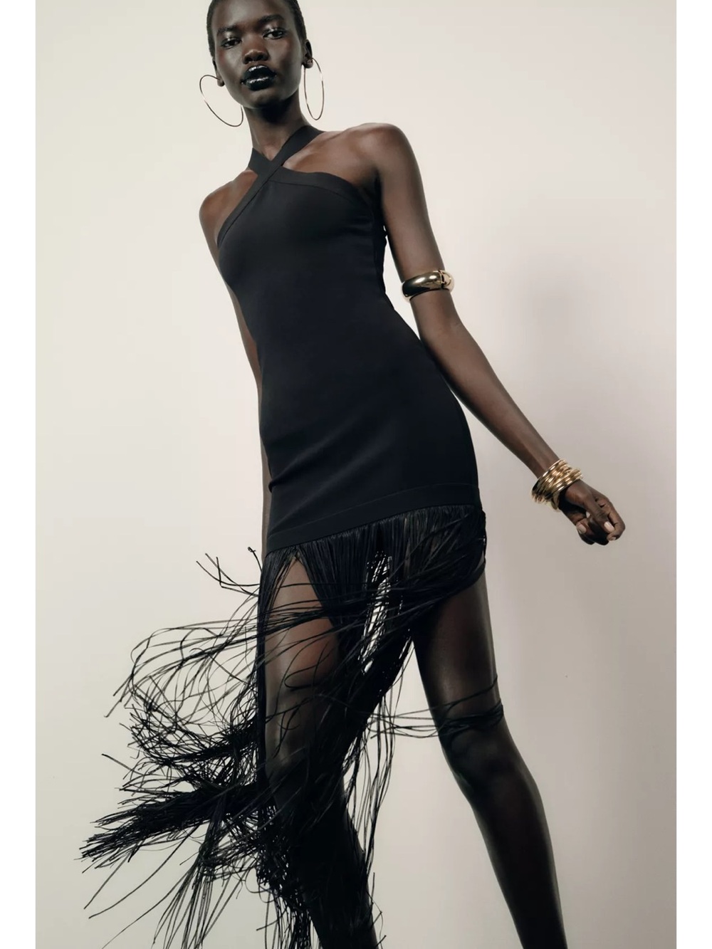 Zara Black Cross-Neck Fringe Evening Dress - Picture 8 of 12
